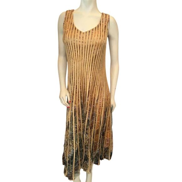 MODELLA Pleated Sleeveless Gold/ Multi-Color Print Overlay Midi Dress Size L - Picture 12 of 16